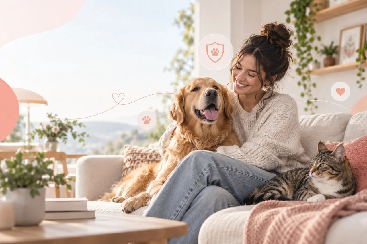 Owner sitting with a dog and cat on a sofa
