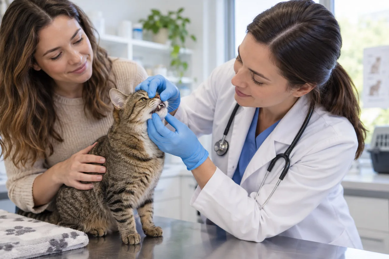 Veterinarian checking a cat beside its owner